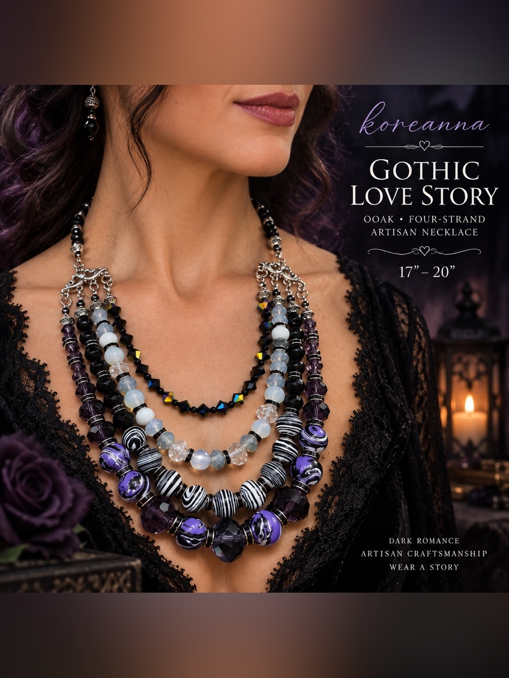 koreanna OOAK Jack & Sally Gothic Wedding 4-Strand Artisan Necklace 17-20”
